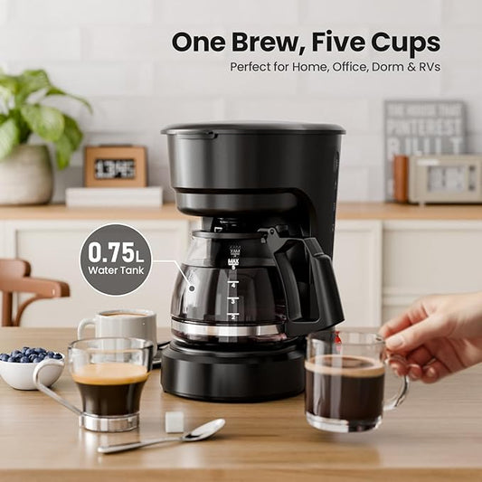 Kismile 5 Cup Coffee Maker, 0.75L Small Drip Coffee Machine with Anti-Drip Design, Dry Burn Protection, Removable Filter Funnel, Easy Mechanical Switch, Black