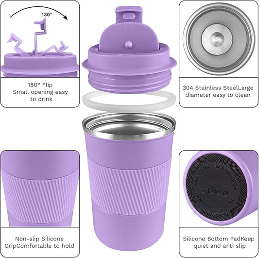 YINBAOGE Insulated Travel Coffee Mug, Spill & Leak Proof, Portable To Go Camping Stainless Steel Coffee Tumbler, Reusable Thermal Coffee Cup with Lid for Hot & Cold Drinks (Purple, 12 OZ)