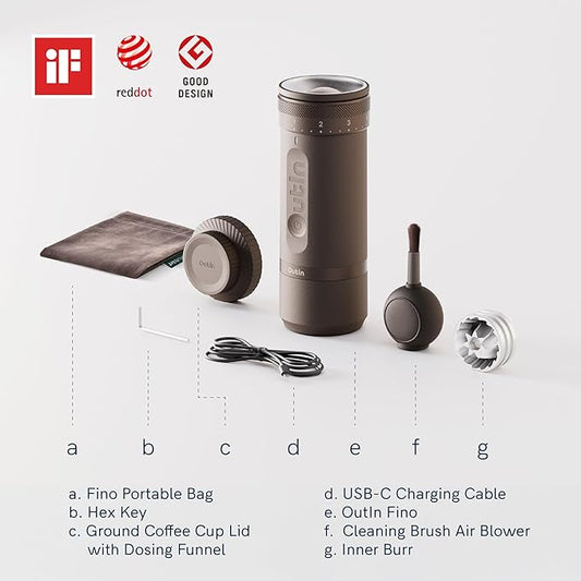 OutIn Nano Portable Electric Espresso Machine with Fino Portable Electric Coffee Grinder, Brown & Red