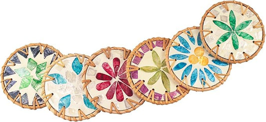 6PCS Pearl Rattan Coasters, Handmade Round Coaster, Colorful Shell Woven Coasters, for Cups, Desktop Protection, Decoration