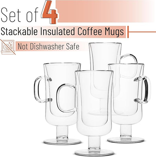 BTaT- Double Walled Glass Irish Coffee Mugs, 10 oz, Set of 4, Glass Coffee Cups with Handle, Insulated Clear Irish Coffee Mug for Hot and Cold Beverages, Cappuccino, Latte, Americano, Microwave Safe