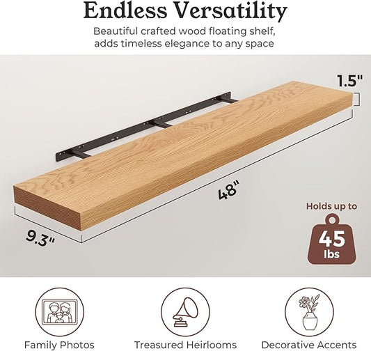 Floating Shelves for Wall, 9.3" Deep Wall Mounted Wood Shelves for Bathroom, Bedroom, Living Room, Kitchen, Hanging Shelf for Books/Storage/Room Decor (Oak, 48")