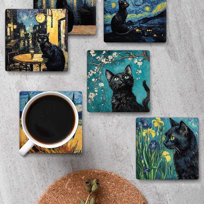 Drink Coasters for Drinks Set of 6, Art and Black Cat Absorbent Square Ceramic Stone Mat Coaster, with Cork Base and Metal Holder, Home Bar Decor House Warming Gift