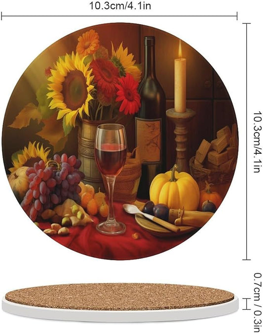 Round-6PCS Red Wine Drink Coasters, Round Modern Ceramic Absorbent Coasters, Retro Wood Red Wine Fruit Grapes Fruit Floral Sunflower Decor Desk Coffee Table Coaster for Beverage Cup Tea Coasters