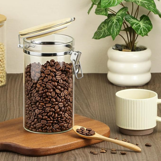 QWORK Clear Borosilicate Glass Storage Jar with Airtight Bamboo Lid & Locking Clamp, 40oz / 1200ml Kitchen Canister for Coffee Beans, Loose Tea, Sugar, Flour, Nuts, Thickened Sealed Container
