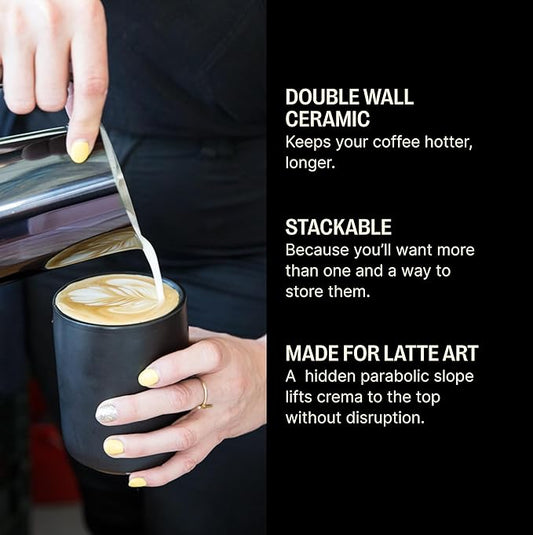 Fellow Monty Milk Art Espresso Cups - Small Double Wall Ceramic Demitasse, Matte Black with Graphite Base, 3 oz Cup (Set of 2)