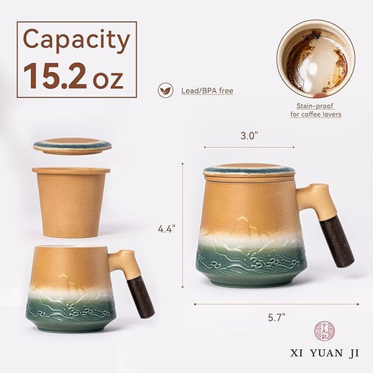 Ceramic Tea Mug with Infuser & Lid, 15oz Kiln-Transformed Unique Cup – Nature's Artisan Design, Loose Leaf Tea Cup with Infuser, Insulated Ceramic Coffee Mugs with Lid, Gift for Women/Men
