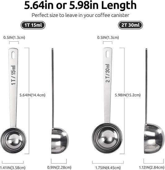U-Taste Coffee Scoop 2 Tablespoon: 18/8 Stainless Steel Measuring Scooper for Ground Coffee, Bean, Powder, Espresso, 4.3in Long Handle Metal Measure Spoon for Canister, Jar (1Tbsp+2Tbsp / 15ml+30ml)