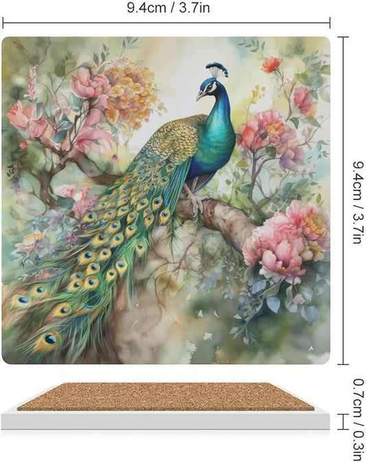 Peacock Drink Coasters, Square Ceramic Drink Coaster Square-6PCS, Vintage Watercolor Style Floral Beautiful Peacock Decor Absorbent Ceramic Coasters for Beverage Cup, Bar, Coffee Table