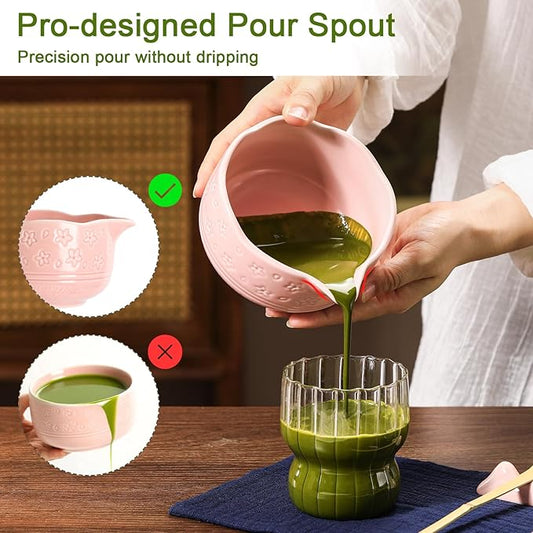 Matcha Whisk Set, 7 Pcs Matcha Kit Includes Ceramic Pink Matcha Bowl, Whisk and Holder, Bamboo Scoop, Scoop Stand, Sifter, and Tea Towel - Traditional Tea Ceremony Accessory Set for Matcha Lovers