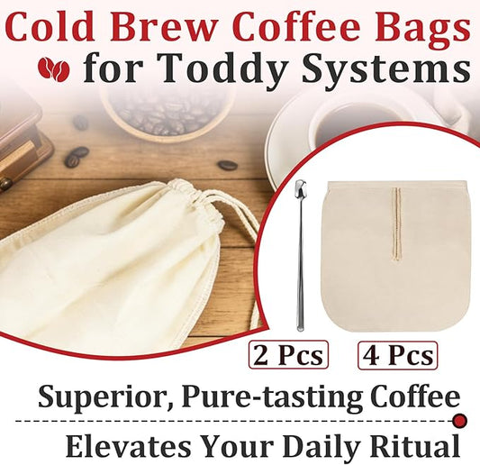 4 Pcs Reusable Cold Brew Coffee Bags with Drawstring for Toddy Systems Pitchers Mason Jars, Includes 2 Pcs Bonus Stainless Steel Spoons