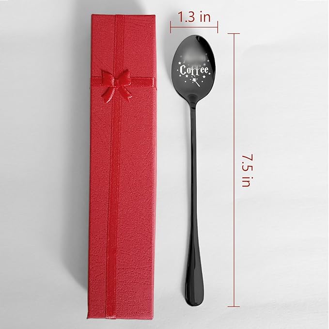 PZJIEAN Engraved Coffee Spoon - Black Stainless Steel Funny Gift for Coffee Lovers & Bookworms | Long Handle Ice Cream Dessert Spoon for Birthday Valentine Christmas