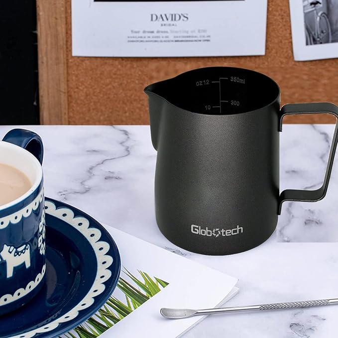 GloboTECH Espresso Frothing Pitcher 20 oz – Stainless Steel Milk Steaming Jug for Latte Art, 600ml Black