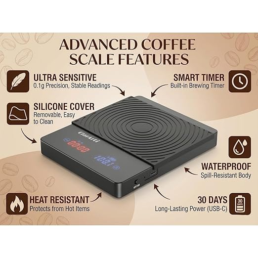 Sensitive Coffee Scale with Timer – 2kg/0.1g High Accuracy Small Espresso Scale for Barista Tools - Water-Resistant, Pour Over, and Drip Coffee – Precision Espresso Scale with Timer