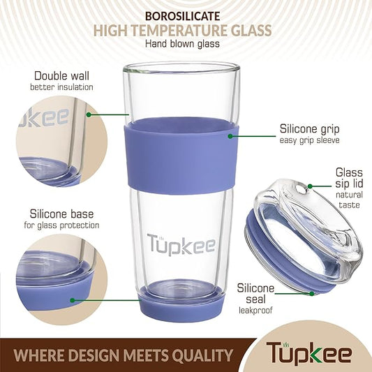 Tupkee Double Wall Glass Tumbler - 14-Ounce, All Glass Hand Blown Reusable Insulated Tea/Coffee Mug & Lid, Travel Mug - Jacaranda