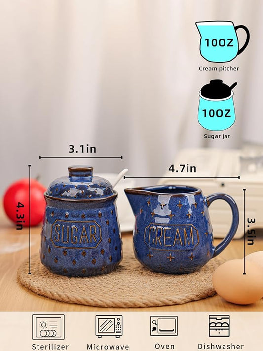 GDCZ Ceramic Sugar and Creamer Set, Coffee Serving Set, Sugar Bowl with Spoon and Cream Pitcher, Milk Creamer and Sugar Container (Blue)