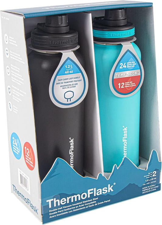 ThermoFlask Stainless Steel Water Bottles 2-Pack - Double-Wall Vacuum Insulated 40 oz BPA-Free Spout Lids - Keeps Drinks Cold 24 Hrs, Hot 12 Hrs - Leakproof, Dishwasher Safe, Onyx Black/Splash