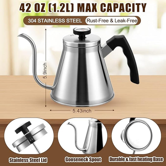 2 Pack 40 oz Gooseneck Kettle with Thermometer Stainless Steel Pour over Coffee Kettle Precision Drip Spout for Stovetop Home Kitchen Camping(Black and Silver)