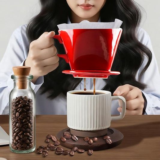 Handmade Pour Over Ceramic Coffee Dripper - Authentic Brewing Experience for Camping, Office, and Home (Red)