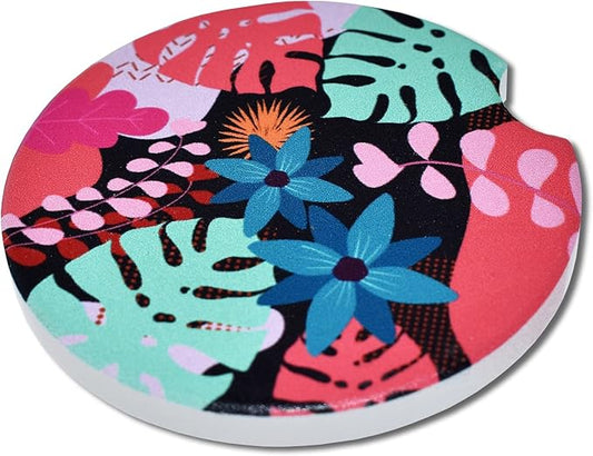 Elektroplate Tropical Floral Automotive Ceramic Coasters (2.6" Diameter) | Universal Fit for All Cars, Trucks, SUVs, and More | Absorbent Non-Slip Durable | Set of 2