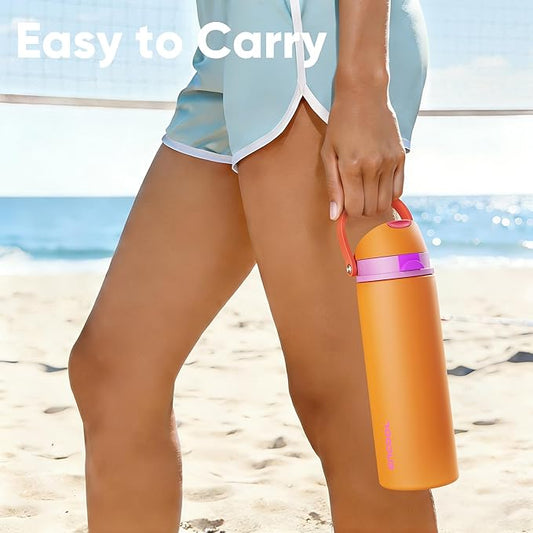 Insulated Water Bottle with Straw - Encool Stainless Steel Water Bottle with Push Button Lid, Leak-Proof & BPA-Free, Keeps Cold for 24 Hours for Sports, Travel, Gym (32 oz, Tiger Eye)