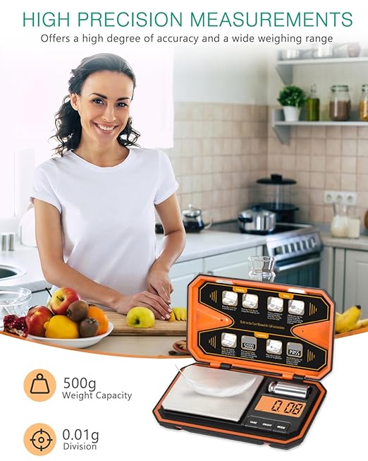 ORIA Digital Pocket Scale, 500g/0.01g High Precision Gram Scale with 50g Calibration Weight, Tare Function, 6 Units, Mini Portable Scale for Coin, Jewelry, Food, Coffee, Battery Included, Orange