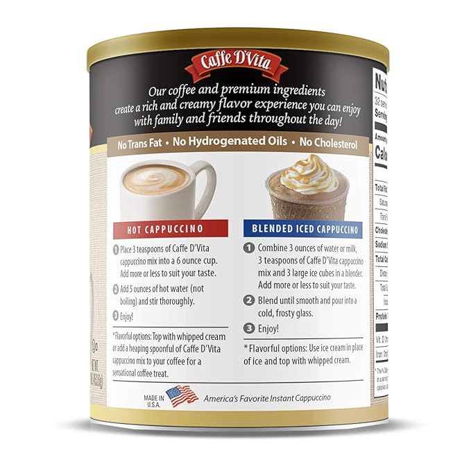 Caffe D’Vita Irish Cream Cappuccino Mix - Irish Cream Coffee, Irish Coffee, Gluten Free, No Cholesterol, No Hydrogenated Oils, No Trans Fat, 99% Caffeine Free, Instant Coffee - 16 Oz Can, 6-Pack