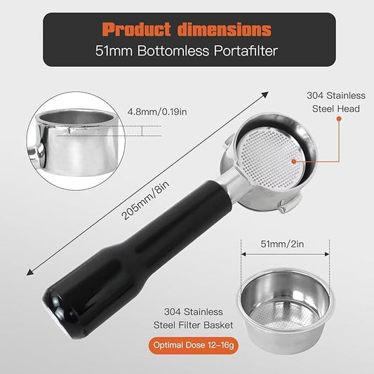 WELURE Bottomless Portafilter with Stainless Steel Filter Basket Fit 51 mm for Delonghi Dedica Style Series ECP3420/ECP3120/EC155/BCO430/EC260 Espresso Machine