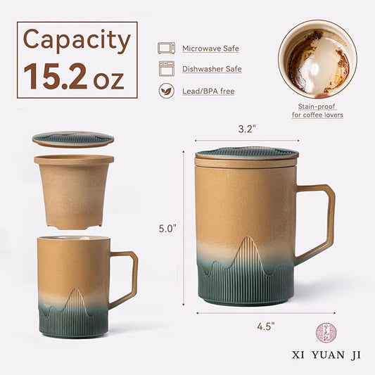 Ceramic Tea Mug with Infuser & Lid, 15oz Kiln-Transformed Unique Cup – Nature's Artisan Design, Loose Leaf Tea Cup with Infuser, Insulated Ceramic Coffee Mugs with Lid, Gift for Women/Men