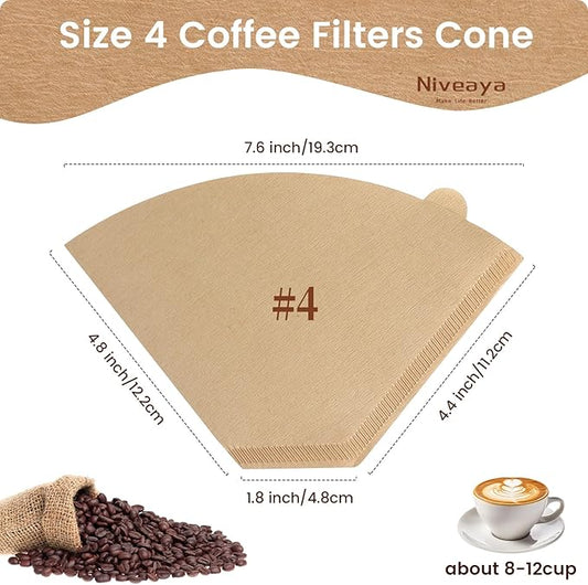 Niveaya Coffee Filters 300 Count, Cone Coffee Filter #4, Natural Paper Coffee Filter 8-12Cup (natural brown-300pcs, 04)