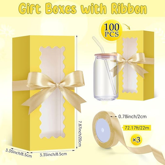 Windyun 100 Pcs Tumbler Gift Boxes for Sublimation Glass Exhibition Boxes Transparent for 12oz 16oz 20oz Shipping Cup Exhibition Packaging for Jars Mug Can Party Supplies(Yellow)