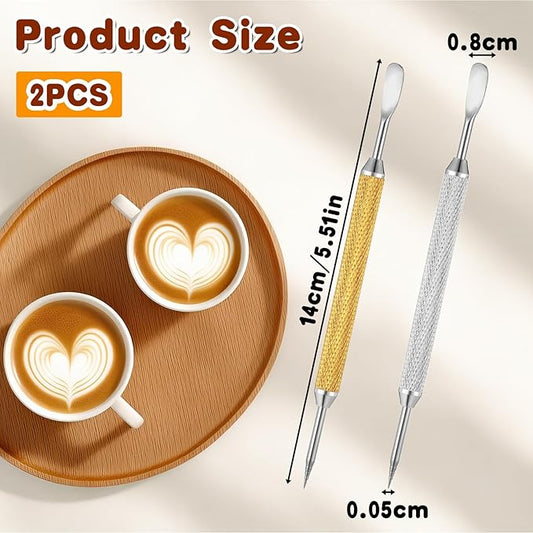 2 PCS Latte Art Pen with Wood Handle Coffee Stencils Latte Art Stainless Steel Lattes Arts Tools Double-Ended Barista Tool for Coffee Bar Travel Home and Cafe Use