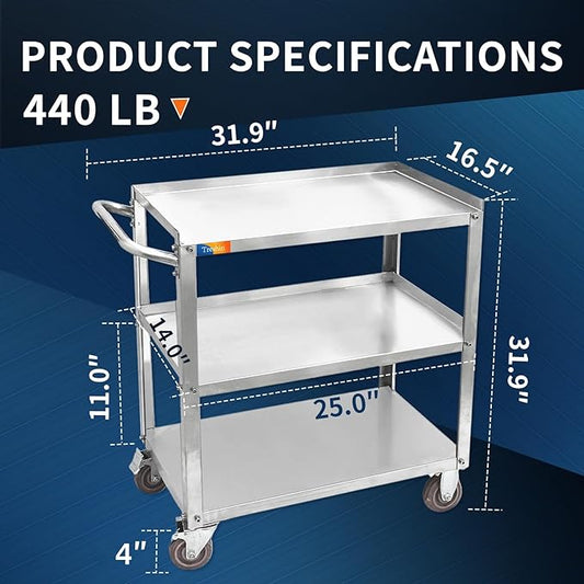 Treshin 3 Tier Stainless Steel Utility Cart Commercial Heavy Duty Rolling Cart Food Storage Service Trolley with Handle and Wheels for Kitchen Restaurant Hospita Lab and Hotel 16.5"W x 27.6"L x 31.9"H