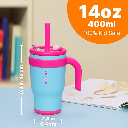 VINUR Kids Tumbler with Handle and Straw Lid-14 oz Stainless Steel Vacuum Insulated Leak Proof Travel Tumbler with Rubber Base-Gifts for Girls, Sky Blue