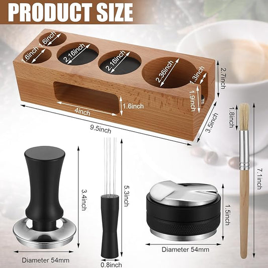 Roowest 5 Pack 54 mm Espresso Accessories Kit Wooden Tamper Station Coffee Distributor Stirrer Tamping Mat with Brush, Multipurpose Tools for Bar Home Office