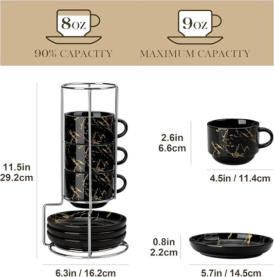 MALACASA 8 OZ Porcelain Espresso Cups with Saucers and Metal Stand Set of 4, Stackable Cappuccino Cups, Marble Black Expresso Shots Cup Set for Coffee Drinks, Latte, Tea