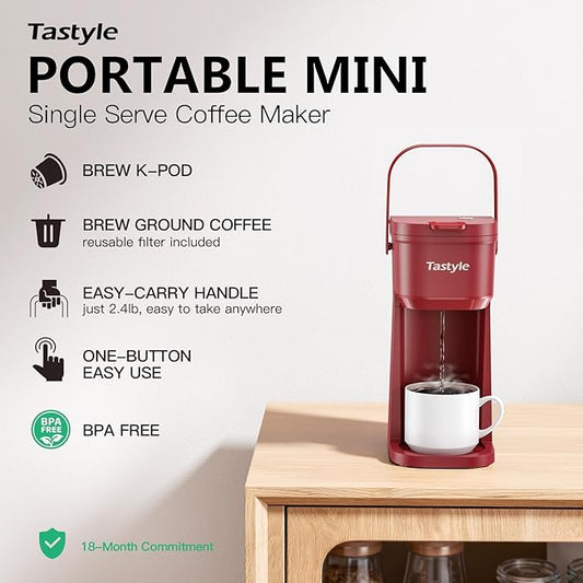 Tastyle Single Serve One Cup Coffee Maker, for K Cups and Grounds, Mini Coffee Maker with Portable Handle, 6 to 12 Oz Brew Size, for Travel, Camping, Office, RV and Dorm, 120V, Vintage Red