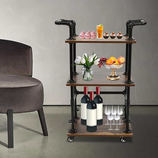 Industrial Bar Cart with Wheels, 3-Tier Rolling Kitchen Cart with Storage, Mobile Serving Cart for Wine Tea Liquor, Vintage Style for Home Bar Cafe