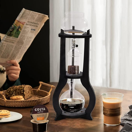 Tower Cold Brew Coffee Maker with Wood Tripod Stand, Adjustable Copper Drip Speed Valve, Ice Coffee Machine for Home, Coffee Shops, Cafes, Offices, Makes 6-8 Cups (Black)