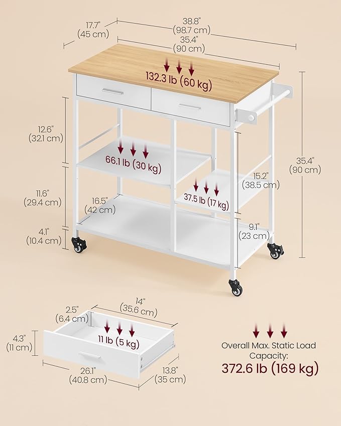 VASAGLE Kitchen Rolling Island, Mobile Kitchen Cart with Storage on Wheels, 17.7 x 38.8 x 35.4 Inches, Towel Rack, 2 Drawers, 2 Hooks, for Dining Room, Oak Beige and Matte White UKKI010Y01
