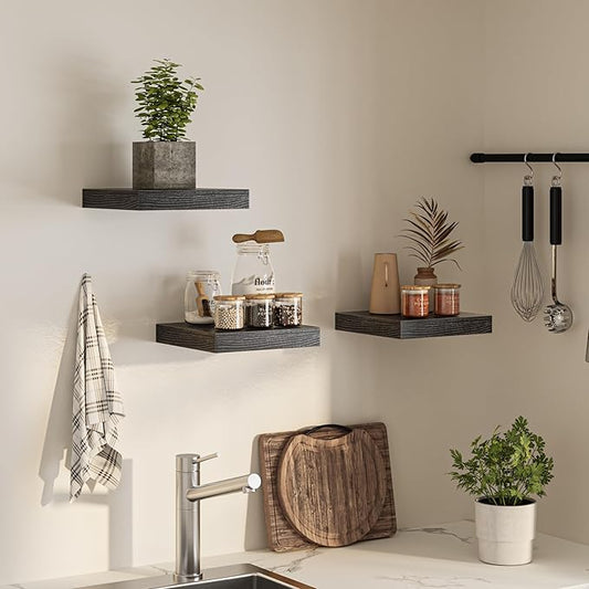 Square Floating Shelves for Wall, 12" W x 12" D x 1.4" H, Small Wooden Wall Mounted Display Shelves with Invisible Brackets for Living Room, Bedroom, Bathroom, Kitchen Decor, Set of 3, Black