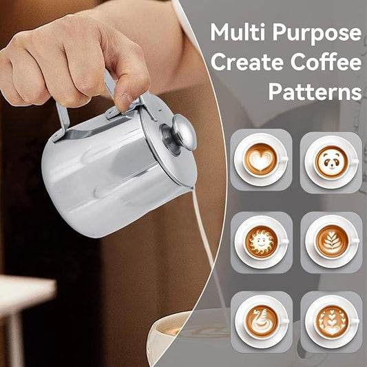 Milk Frother Cup with Lid, 350ML Milk Frothing Pitcher Milk Steamer Cup Latte Art Pitcher Stainless Steel Jug Coffee Creamer Container Creamer Dispenser with Lid for Latte Coffee Art