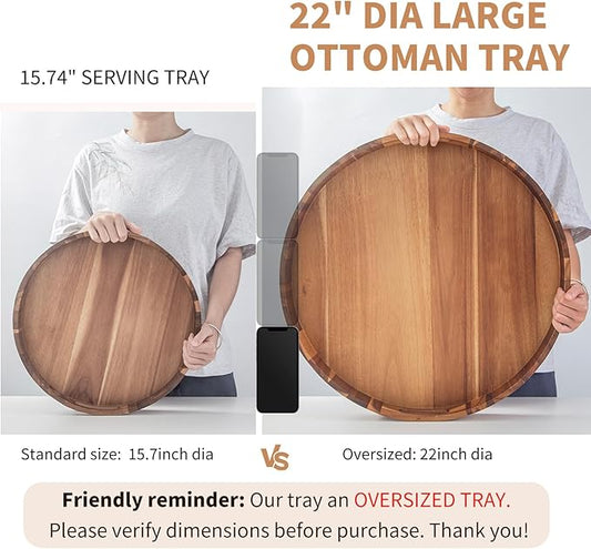 Extra Large Round Ottoman Coffee Table Tray, 22" Big Kitchen Serving Trays for Huge Ottoman Counter Giant Decorative Organizer, Huge Wood Serveware Tray with Built-in Handle for Big Job