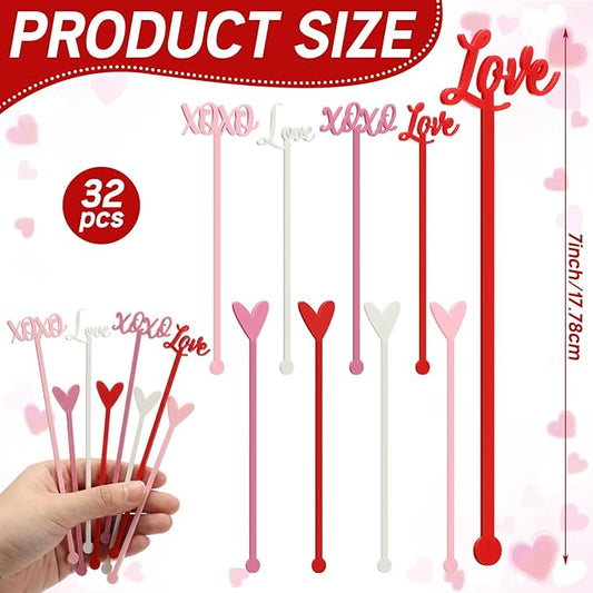 32 Pcs Valentines Day Cocktail Stirrers 7 Inch Heart Love Lips Drink Coffee Stirrers Cute Acrylic Stir Sticks for Valentines Wedding Drink Birthday Bridal Cocktail Supply(Classic Style)