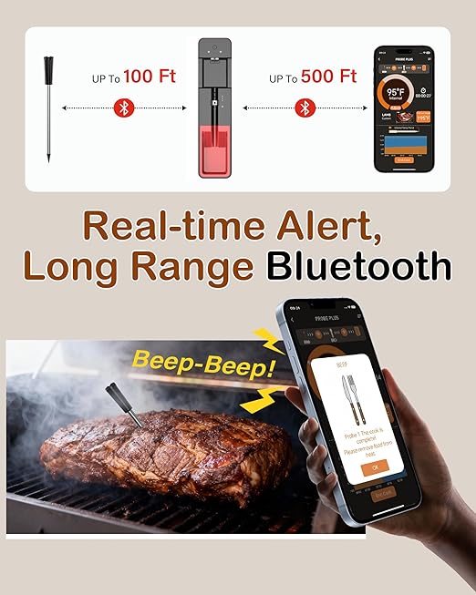 Smoker Wireless Meat Thermometer Digital: Smart Long-Range Bluetooth for Outdoor Smoking - 24H Probe App Alerts Precise Temp Tracking for Offset/Pellet/Charcoal/Kamado Smoker Master