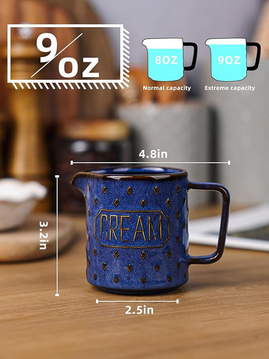 9 OZ Creamer Pitcher, Ceramic Creamer with Handle, Small Milk Pitcher Cup for Coffee, Sauces, Salad, Microwave & Dishwasher Safe (Vintage Blue)