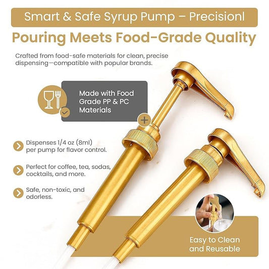 12-Pack Gold Plastic Bottle Syrup Pumps – Fits 750ml / 25.4 oz Bottles – Compatible with Torani & More – IMPORTANT: Will Not Fit Glass Bottles – Coffee Syrup Dispenser.