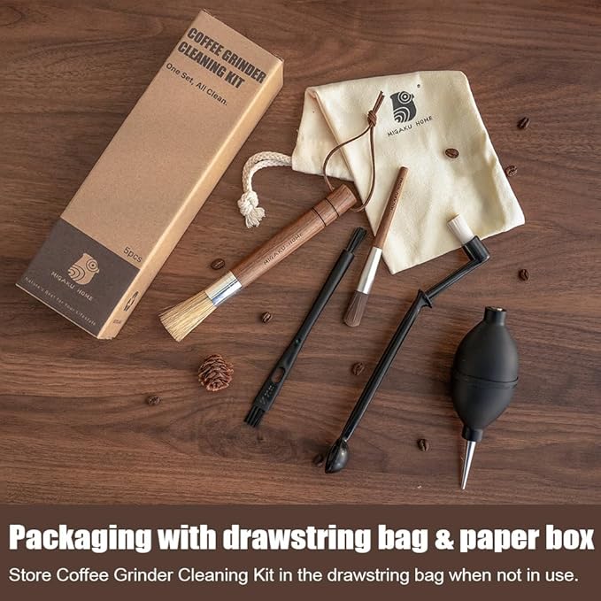 MIGAKUHOME 5-Piece Espresso & Coffee Grinder Cleaning Kit | Black Walnut Brushes + Air Blower | All-in-One Barista Tool Set