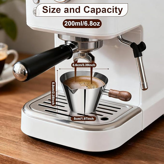 Espresso Cup, 6.8 oz/200 ml Stainless Steel Coffee Shot Measuring Cup with Wood Handle, Double V-Shaped Mouth and Clear Scale for Cappuccino Barista Coffee Bar Accessories, Silver