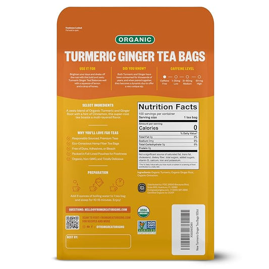 FGO Organic Turmeric Ginger Tea, Eco-Conscious Tea Bags, 100 Count, Packaging May Vary (Pack of 1)